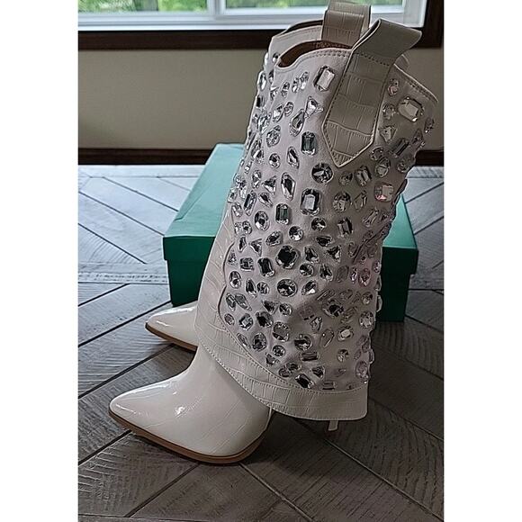 Lauren Lorraine Hana Cowboy Boots Womens White Rhinestone Stiletto Heel - Picture 3 of 12